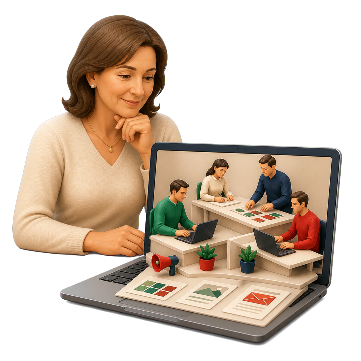 Eine Unternehmerin arbeitet mit ihrem digitalen SwissMadeMarketing-Team im eigenen Laptop