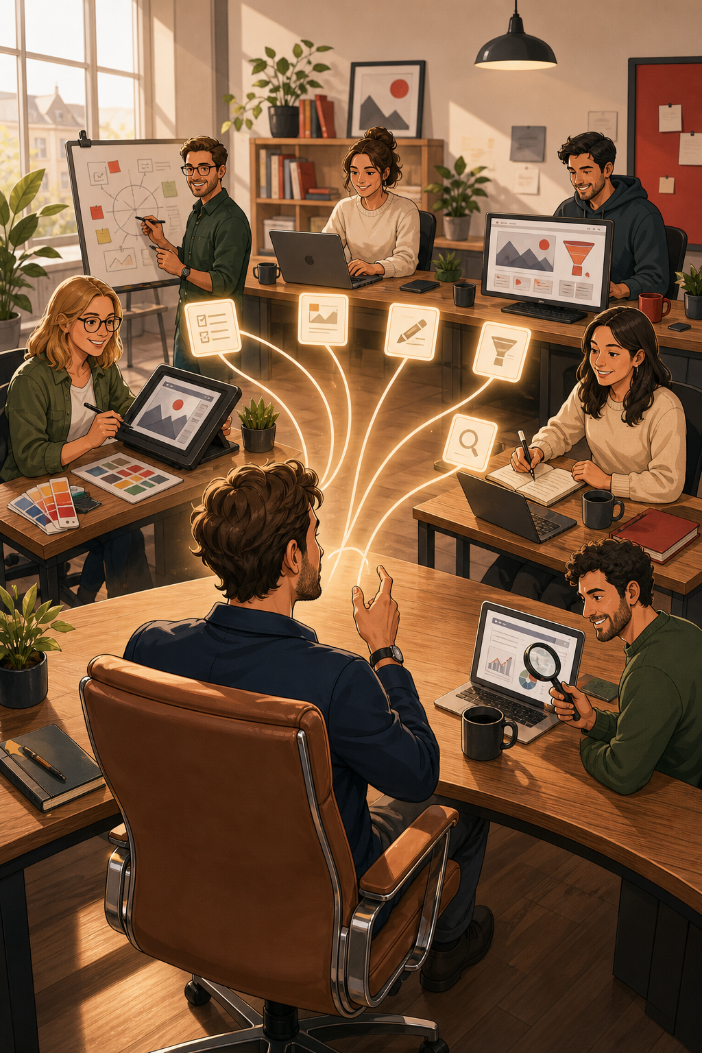 Ein Unternehmer verteilt von seinem Arbeitsplatz aus Aufgaben an ein motiviertes KI-Marketing-Team