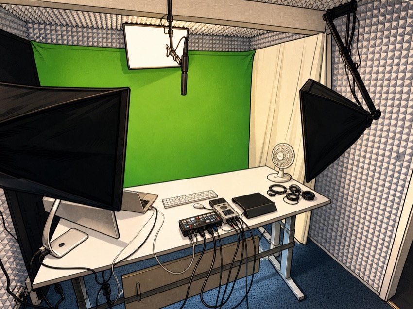 Illustriertes Green-Screen-Studio und Videoausrüstung bei SwissMadeMarketing