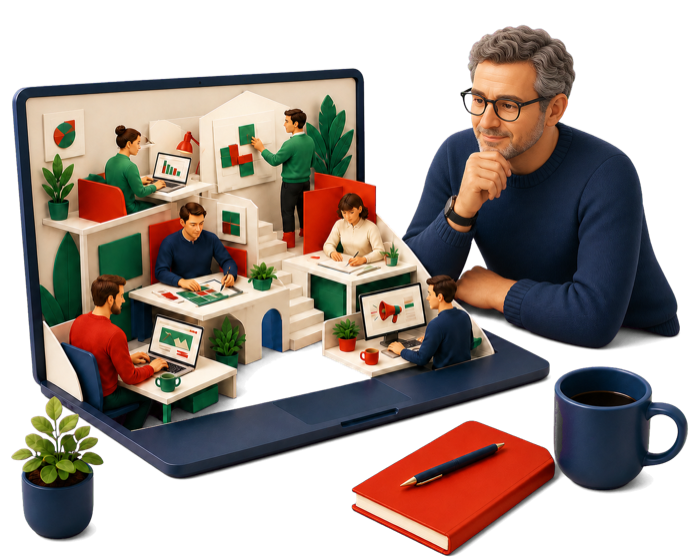 Illustration: An entrepreneur with his digital marketing team inside his laptop