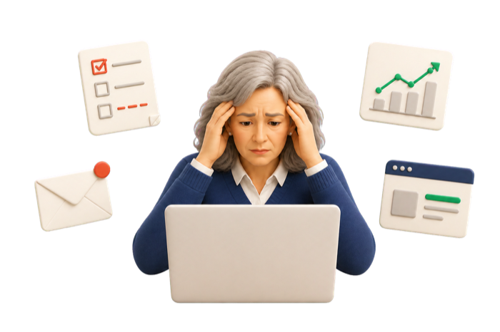 Business owner overwhelmed by a laptop and unfinished marketing tasks